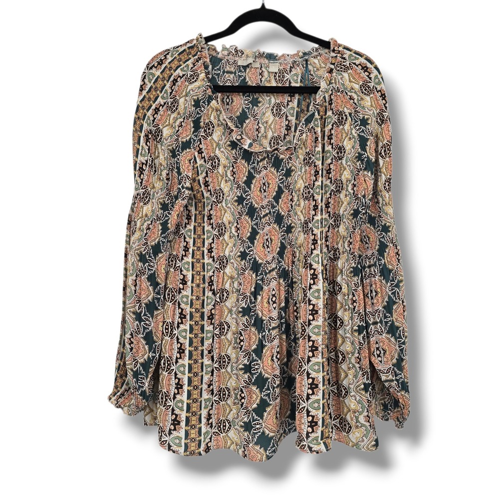 Sunny Leigh Womens Teal Peach Paisley Plisse Pleated‎ Boho Blouse Size Large